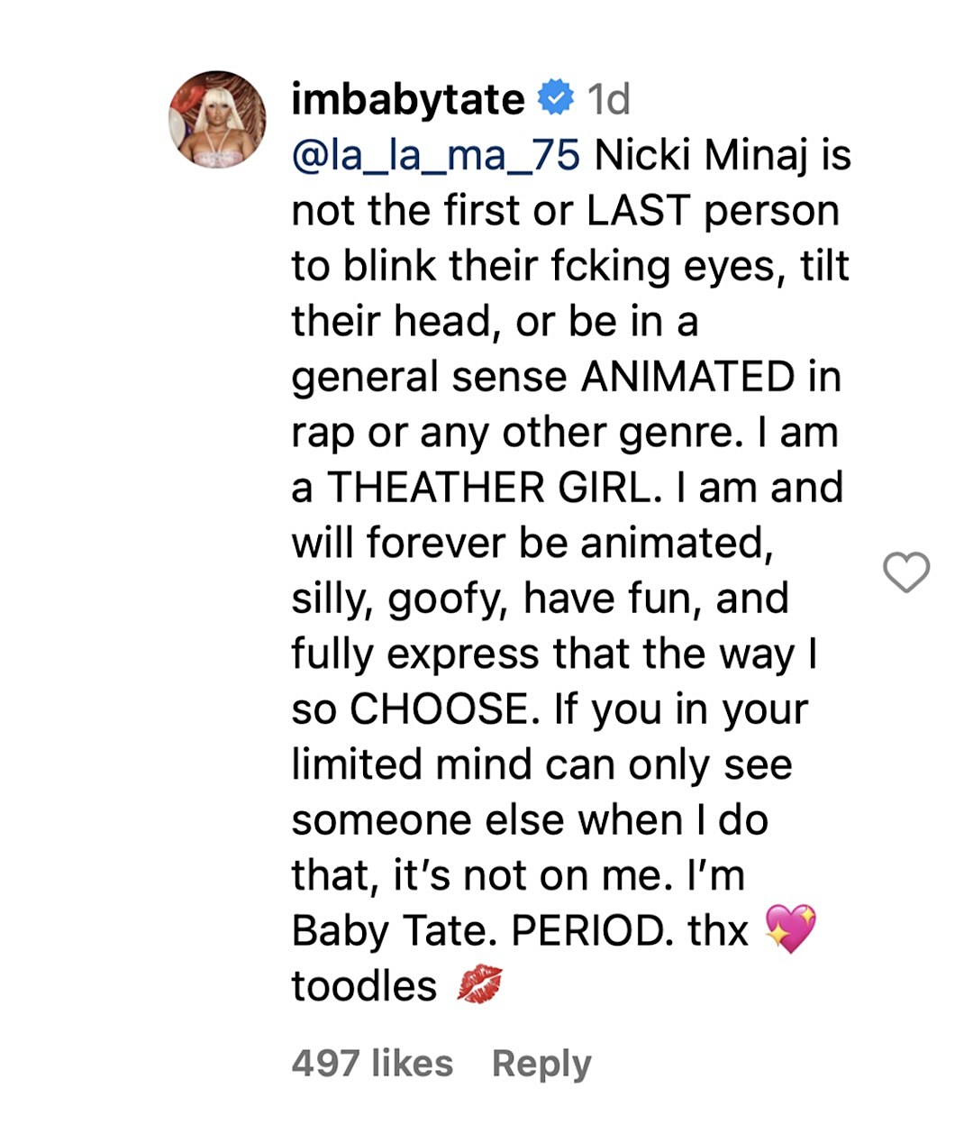 Baby Tate responds to a fan who accuses her of biting Nicki Minaj.